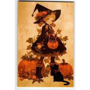 Vintage Halloween Witch Girl with Pumpkin Basket and Black Cat Postcard